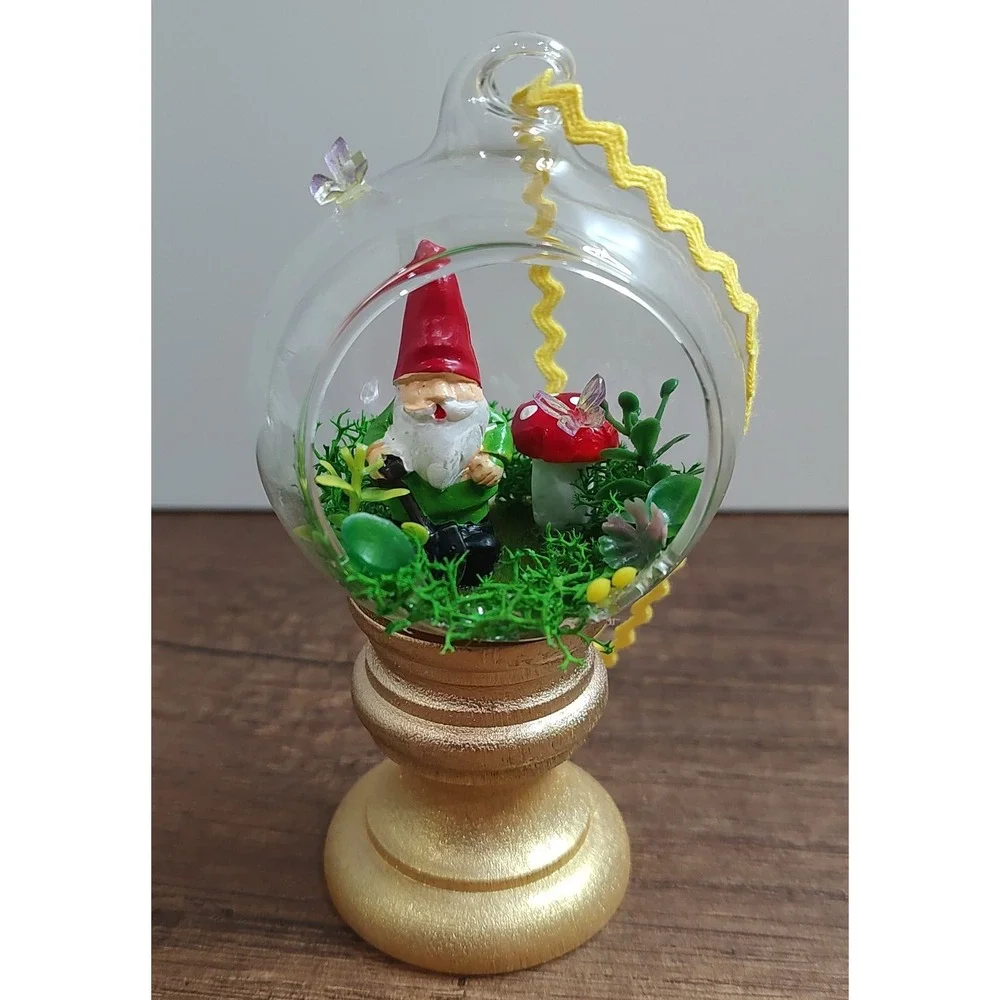 Handmade Glass Diorama Christmas Ornament Terrarium Fairy Garden Gnome Mushroom